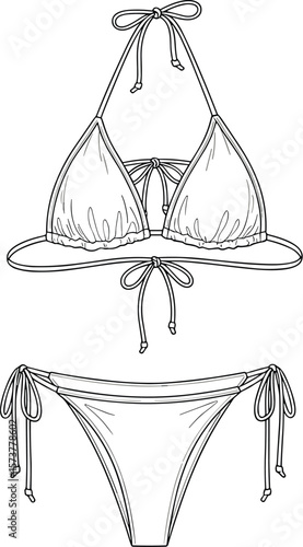 Bikini CAD sketch, halter-neck triangle top, side-tie bottom design, vector swimwear drawing, fashion flat illustration, front and back view, technical garment design