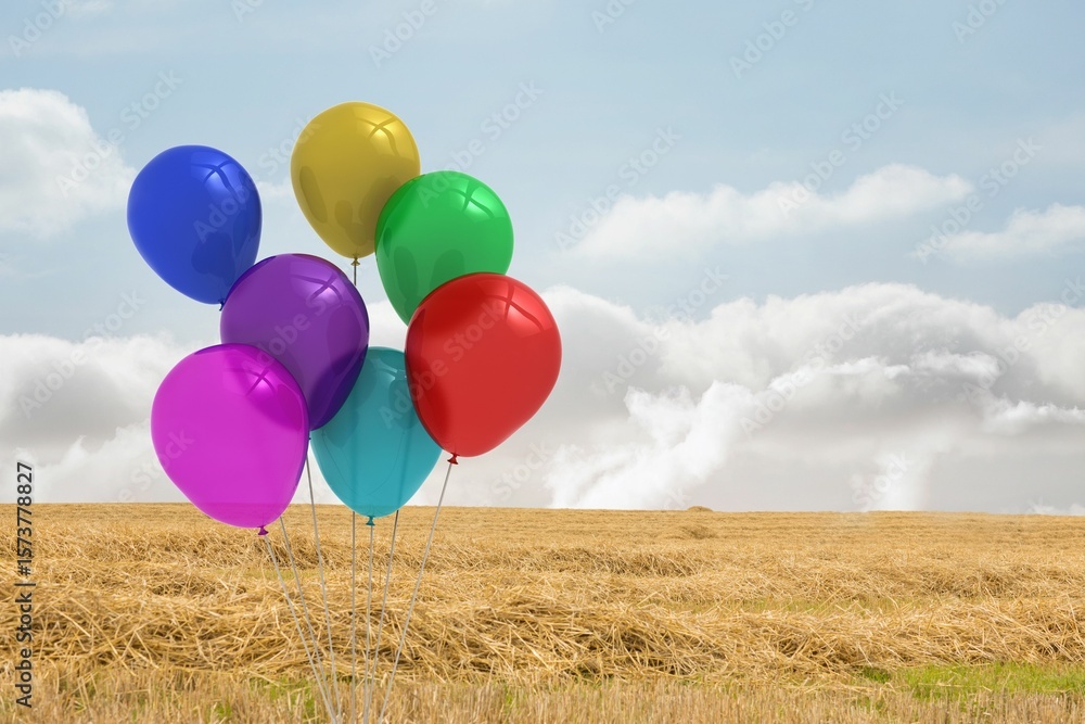 Obraz premium Flat design featuring eight helium balloons floating above stubble field under blue sky, copy space
