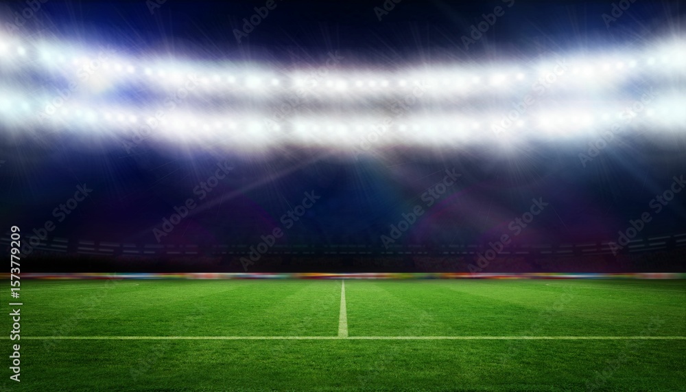 Fototapeta premium Stadium floodlights are lighting grass pitch in flat design with white centerline and stands