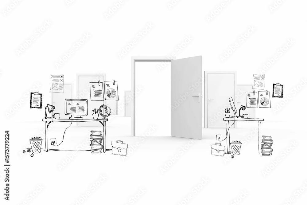 Naklejka premium Minimalist line-art office scene is depicting open doorway flanked by desks with lamps