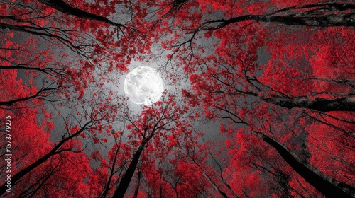Red forest under a full moon