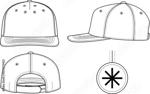 Flat vector baseball cap illustration, front, side, back views, asterisk tag detail, CAD headwear sketch, adjustable strap design, casual fashion accessory drawing