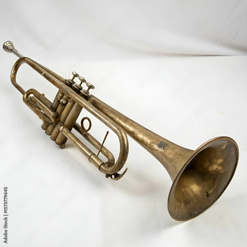 Obraz premium Vintage brass trumpet with worn finish, isolated on white background.