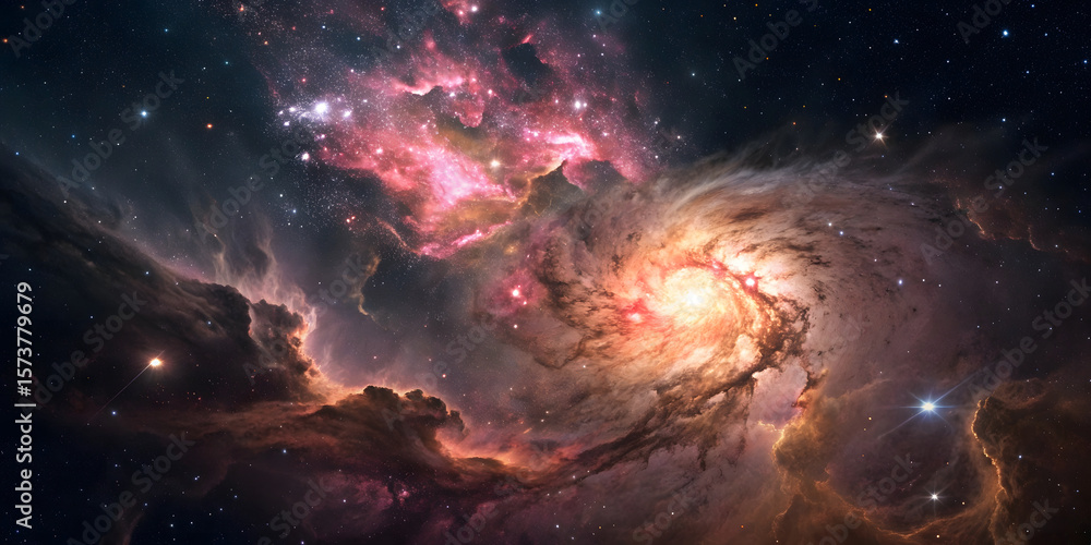 Obraz premium Vibrant pink and magenta nebula clouds spiral around bright central core, creating dynamic cosmic dance with surrounding stellar field and dust.