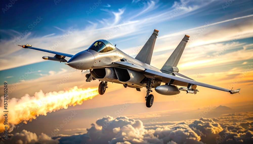 Obraz premium Photo footage of a jet flying at high speed, showing a sleek, modern fighter jet cutting through the sky with contrails trailing behind
