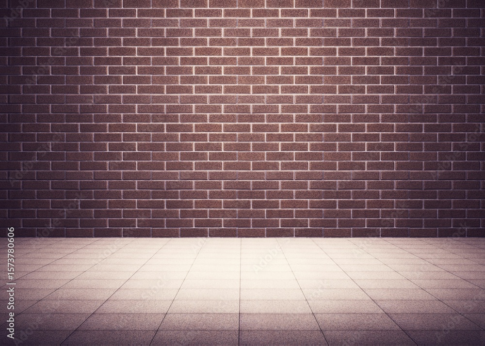 Fototapeta premium 3D render is showing empty room with grey tiled floor meeting reddish-brown brick wall, copy space