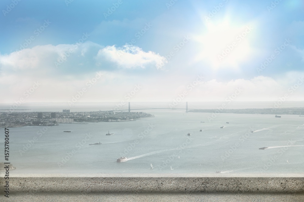 Fototapeta premium Harbor vessels are sailing across sunlit bay in flat design, framed by stone railing and bridge