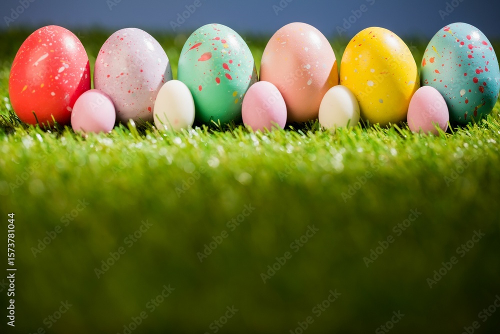 Naklejka premium Colorful Easter eggs on grass in yard