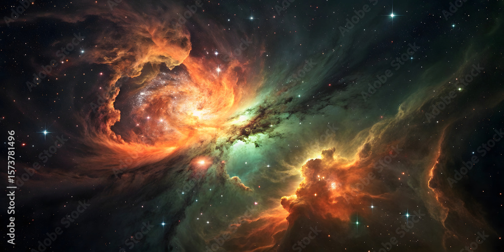 Fototapeta premium Intense nebula displaying fiery orange-red gases, emerald green clouds, bright central illumination, and dramatic cosmic dust lane structures.