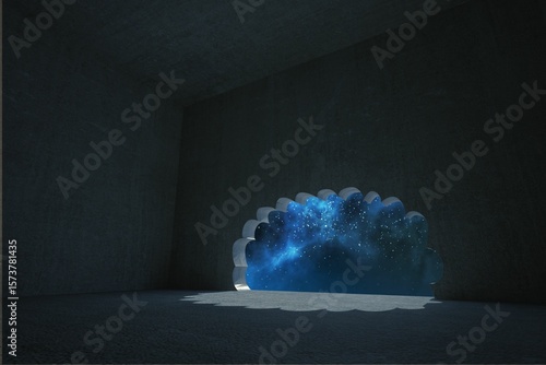 Fototapeta Naklejka Na Ścianę i Meble -  Flat design is showing scalloped portal revealing starry nebula in dark concrete chamber with glow