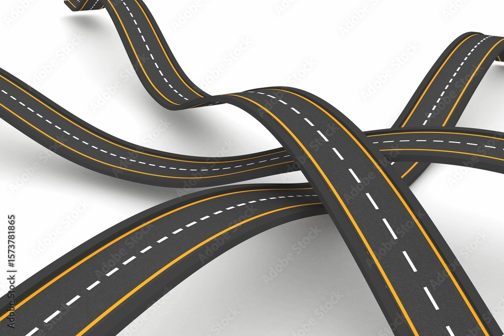 Naklejka premium Twisting asphalt roads are showing white dashed lines and yellow edges in 3D, white backdrop