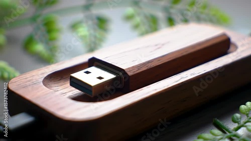 Wallpaper Mural Wooden USB drive with natural greenery on surface, technology storage Torontodigital.ca