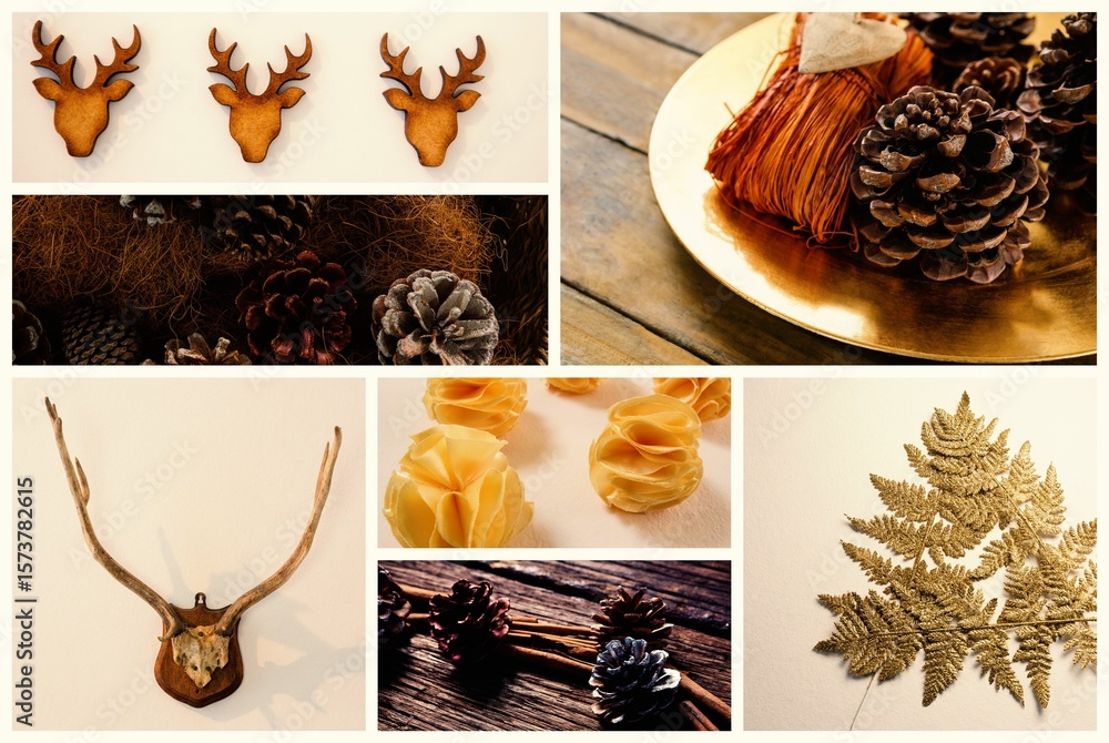 Fototapeta premium Autumn holiday flat design collage is showing wooden reindeer silhouettes, pinecones, brass plate