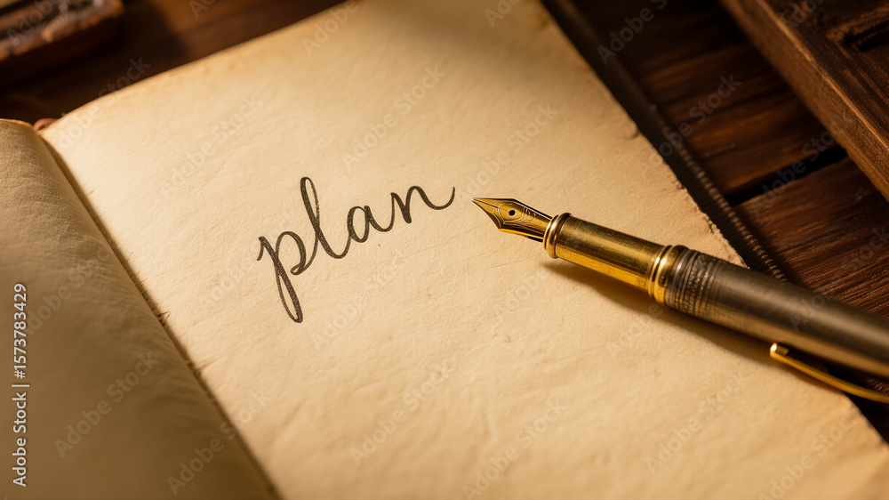 Fototapeta premium Vintage Planner: Fountain Pen on Antique Book with Word 'Plan' for Goal Setting and Strategy