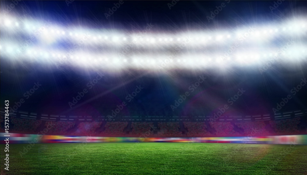 Fototapeta premium Flat design tiered seating and grass field are glowing under floodlights, showing digital boards