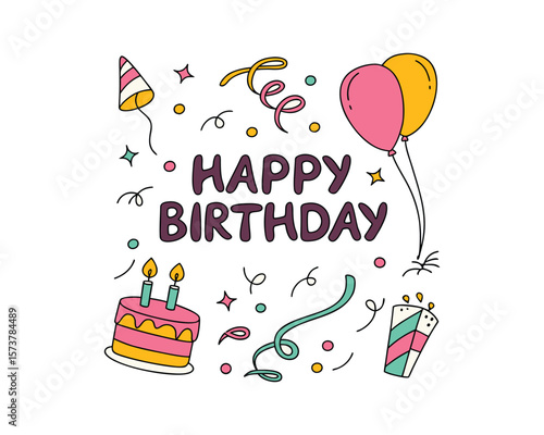 A cheerful and colorful cartoon illustration of a Happy Birthday theme.