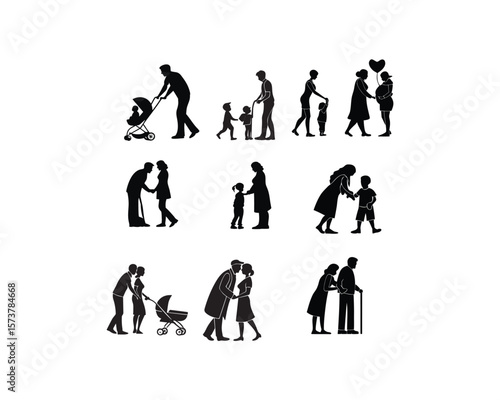 This image features a collection of black silhouettes representing various family members engaging in acts of caregiving and support across generations