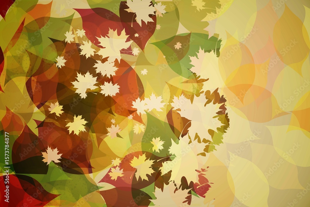 Obraz premium Abstract flat design is showing translucent maple leaf silhouettes in warm autumn hues, copy space