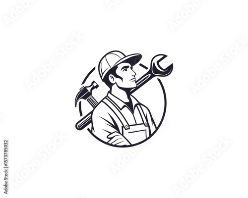 A vintage-style, black and white graphic of a craftsman wearing a work hat and overalls, carrying a hammer and wrench.