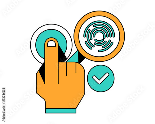 Fingerscan Flat design style, hand pointing to fingerprint sensor and checkmark, symbolizing biometric access, ideal for security or authentication UI.