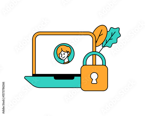 Lockscreen Flat design style, locked screen on a laptop with user avatar, symbolizing account protection, suitable for secure login UI or access control features.