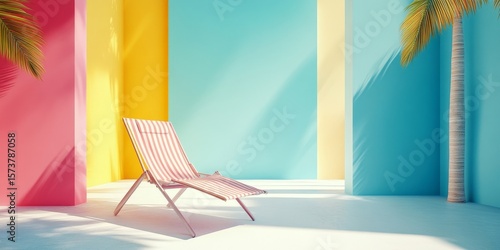 Geometric shapes in a summer vacation background with a deck chair, creating an abstract miniature backdrop with space for text, Generative AI