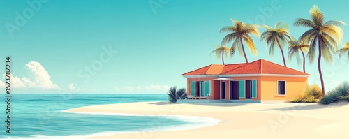 Geometric abstract house or hotel, depicting a beach house or villa among palm trees, perfect for a summer vacation concept, Generative AI