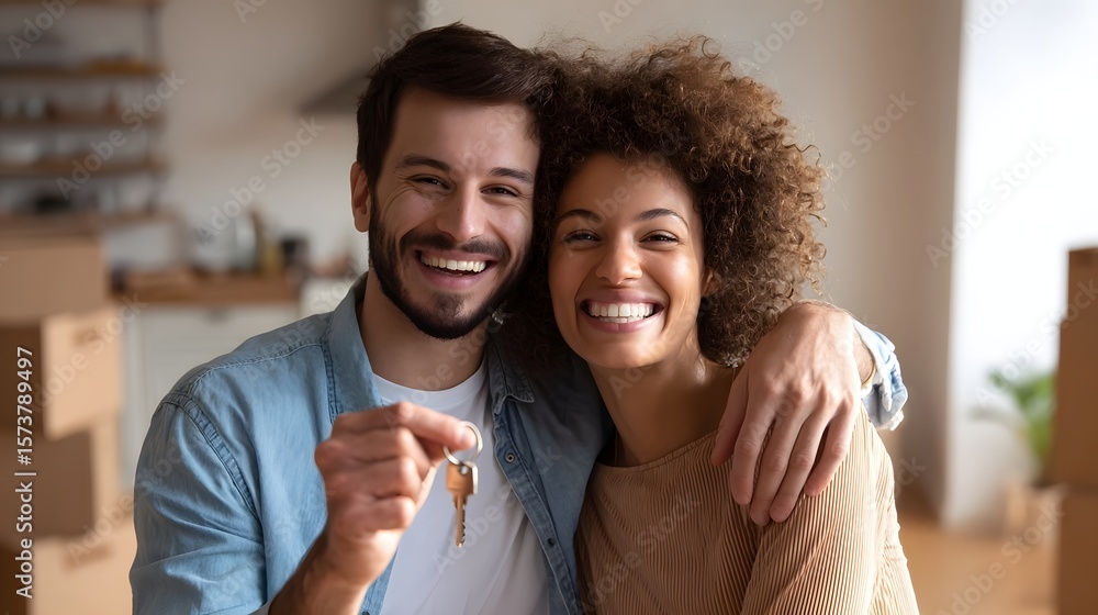 Obraz premium A joyful couple enthusiastically celebrating their new home purchase and upcoming relocation holding a house key and smiling together in a contemporary living room setting