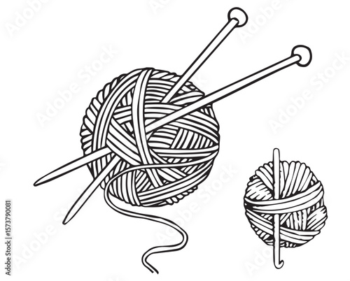 Black and White Illustration of Yarn Balls and Crochet Hook for Craft and DIY Projects
