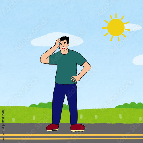 man standing outside in sun suffering from dehydration summer health concept heat stroke sunburn.eps