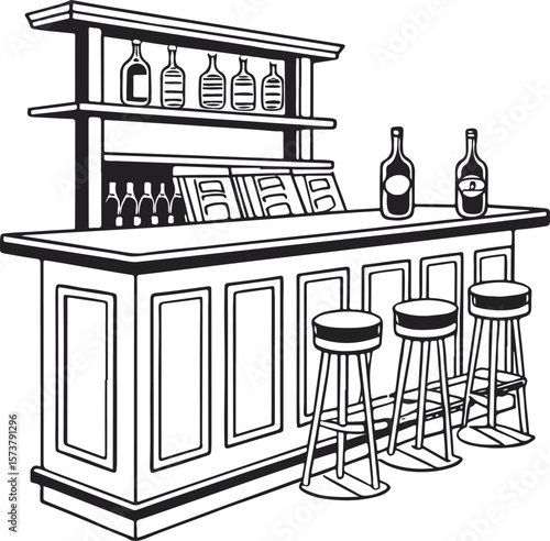 Vector Illustration of a Bar Counter with Stools and Bottles – Outline Style Design