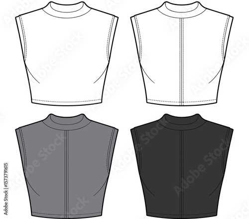 Sleek Mock Neck Cropped Tank Top for Women, Versatile Basic Sleeveless Design, Modern Fashion Apparel, Blank Template, Front and Back Views in White, Grey, and Black for Easy Customization, Studio.