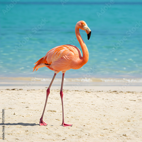 Caribbean Flamingo: Pink Bird on White Sand Beach, Turquoise Ocean Background isolated on transparent background