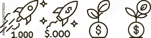 Financial Growth and Investment: Rocket Launch, Plant Sprout, and Dollar Icons Illustrating Success and Profitability