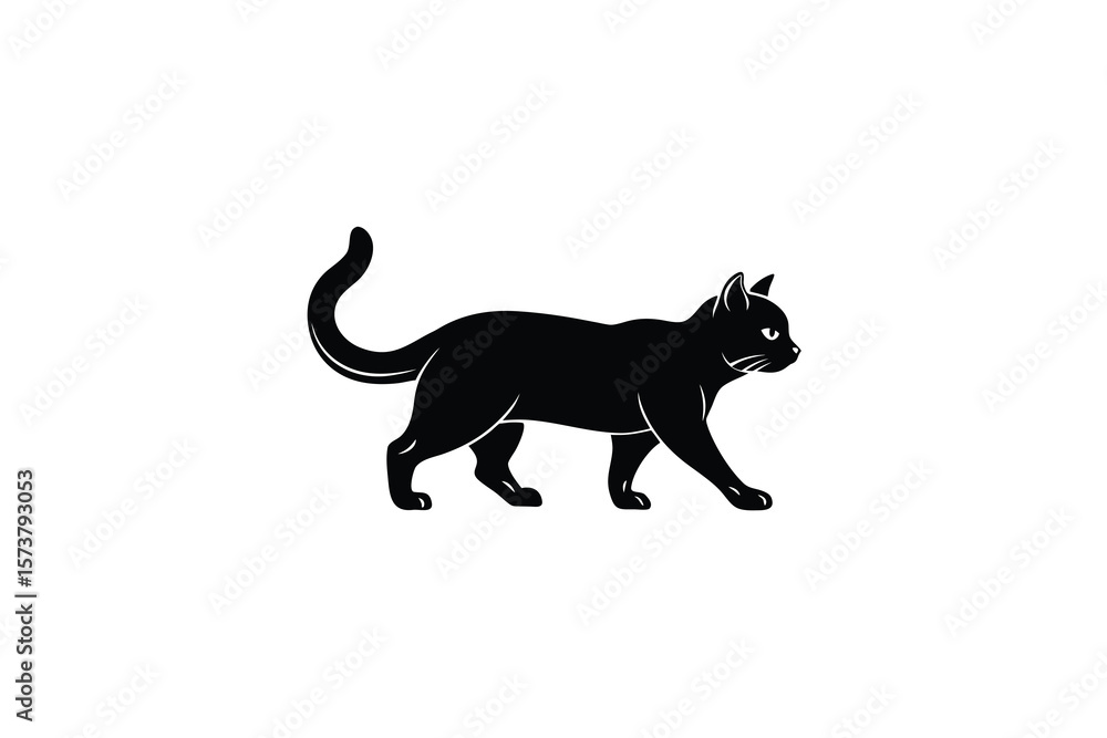 Obraz premium Elegant Black Cat Walking Illustration in Silhouette Style on White Background silhouette