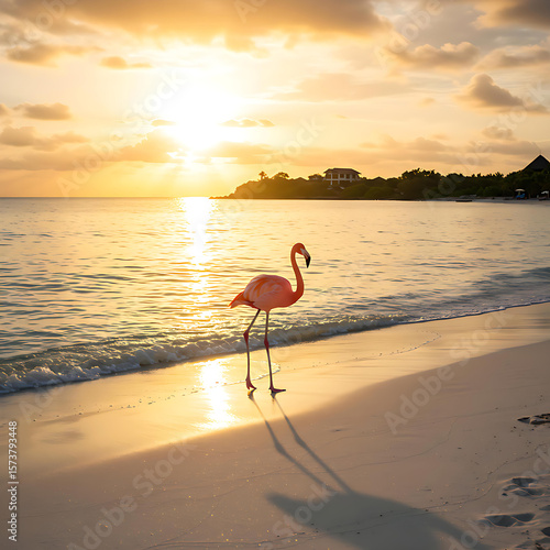 Pink Flamingo at Sunset on Tropical Beach: Caribbean Paradise isolated on transparent background