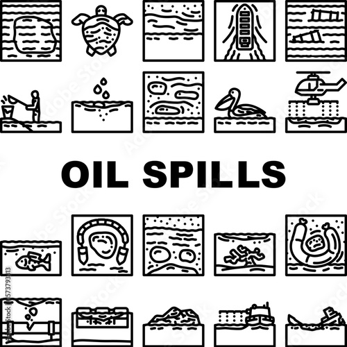 oil spills pollution icons set vector