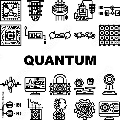 quantum computer qubit icons set vector