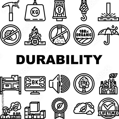 strength durability product icons set vector