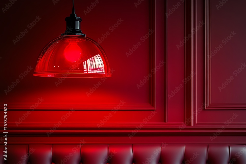 Obraz premium Red Pendant Light Hanging Above Elegant Red Wall and Upholstered Seating