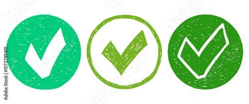 Checkmark icons hand drawn grunge, green tick symbol business approve.