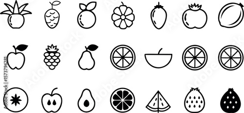 Collection Of Fruit Icons Is Arranged In Grid Vector Illustration