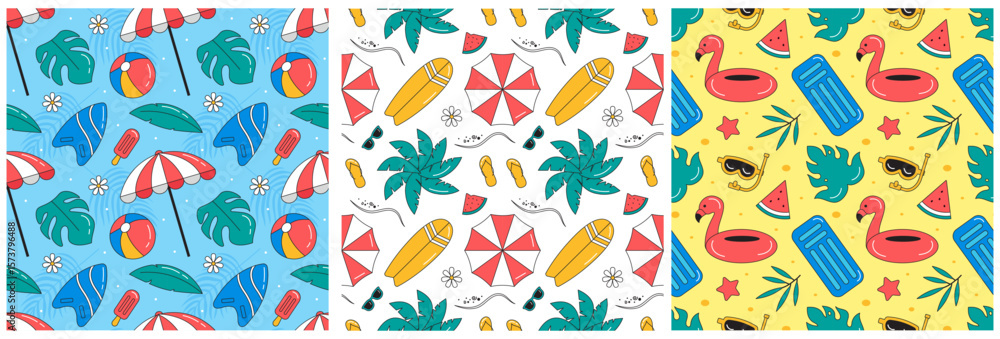 Obraz premium Tropical Summer Seamless Pattern with Beach Elements in a Flat Cartoon Style Illustration