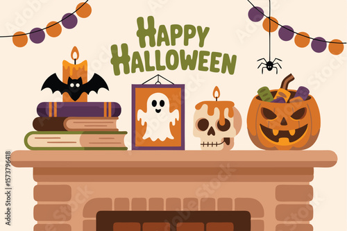 Festive Halloween Mantel Decorated with Pumpkin, Ghost Picture, Skull Candle, Bat, and Book Stack