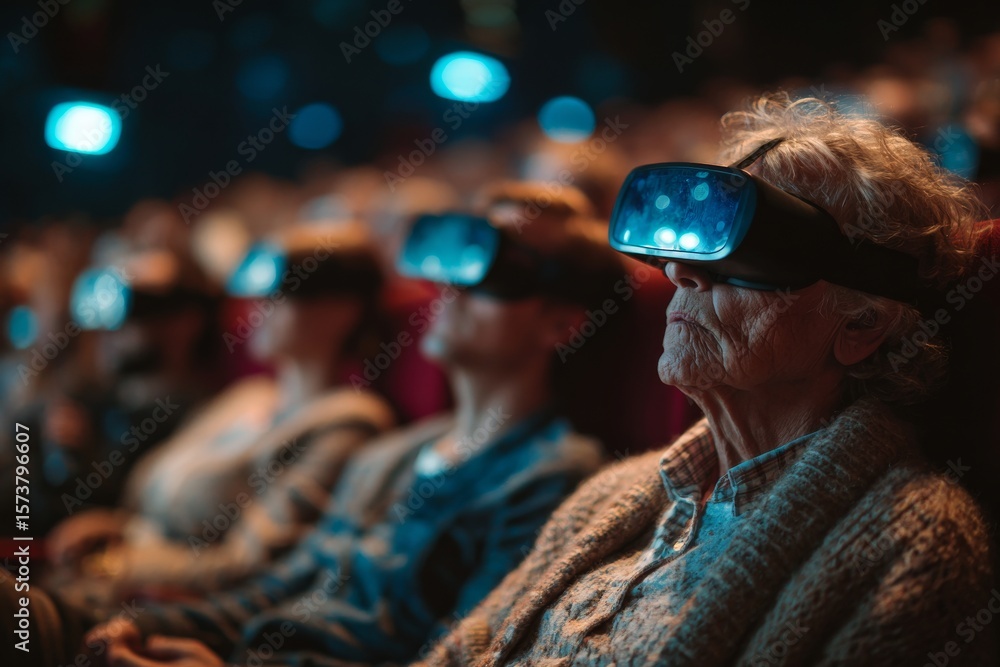 Obraz premium Virtual reality immersive Experience: A group of individuals, immersed in a world of virtual reality using VR headsets, their eyes absorbed by the immersive digital environment 