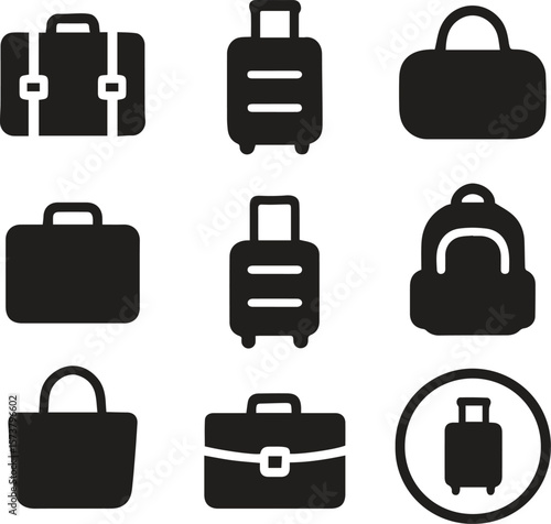 A versatile vector set of different bags for travel, business, and fashion, including handbags, suitcases, and briefcases, all with essential accessories like handles, locks, and buttons