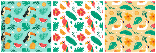 Tropical Summer Seamless Pattern with Beach Elements in a Flat Cartoon Style Illustration