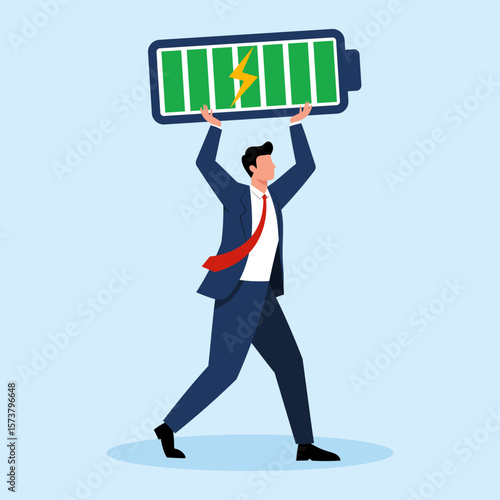 Illustration of a businessman holding up a fully charged battery with a lightning bolt, symbolizing energy, motivation, and revitalization.