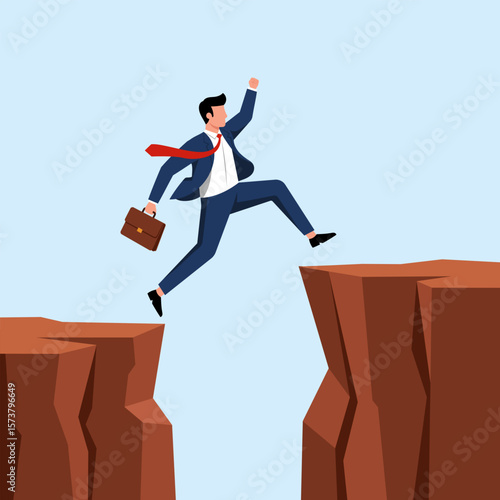 Illustration of a businessman jumping across a chasm, symbolizing overcoming business challenges and taking bold steps.