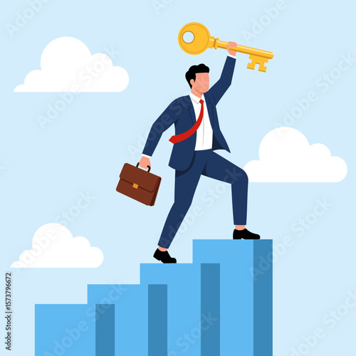 Illustration of a businessman ascending steps holding a golden key, symbolizing finding solutions, unlocking opportunities, and achieving success.